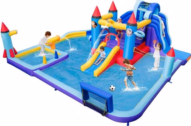 Costway Inflatable Bouncy Castle Water Park with Slide in Blue and Multicolour