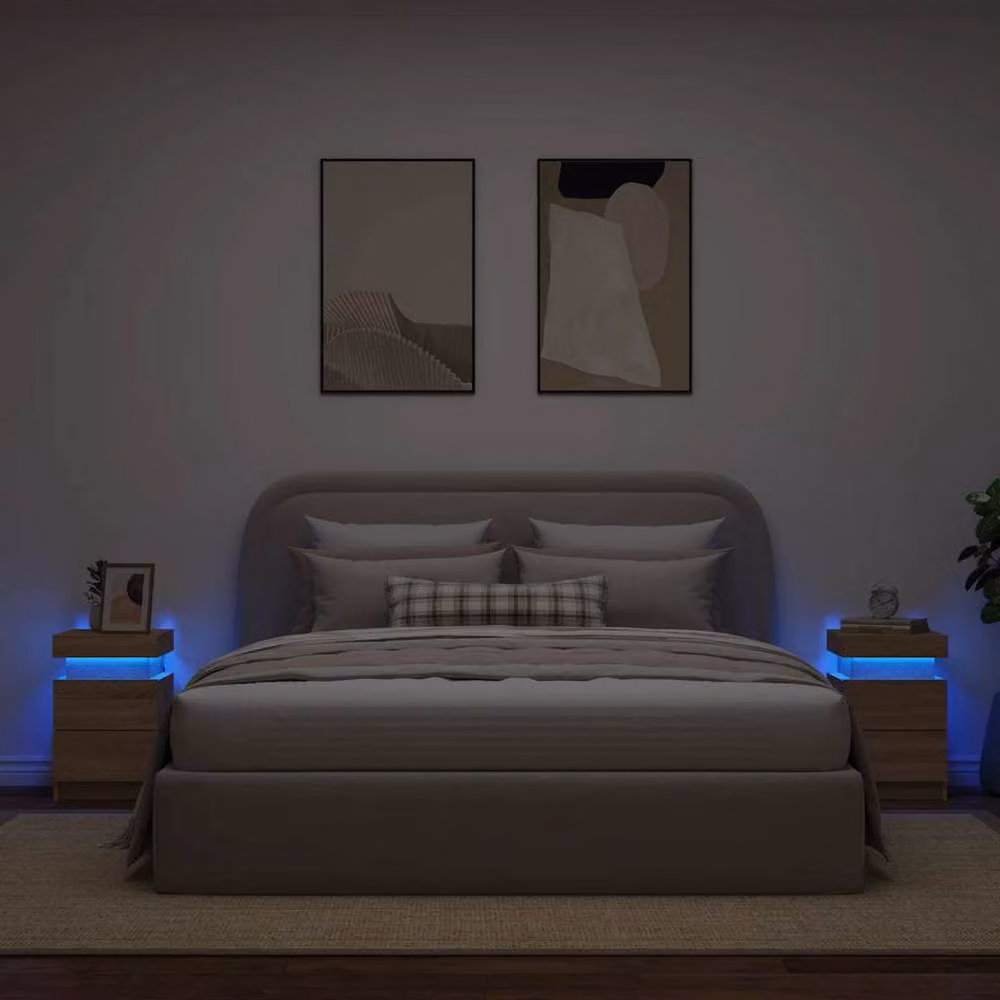 Berkfield Home Set of 2 Bedside Cabinets with Integrated LED Lights in Sonoma Oak Natural, W/D/H: 35 x 39 x 55 cm – 2
