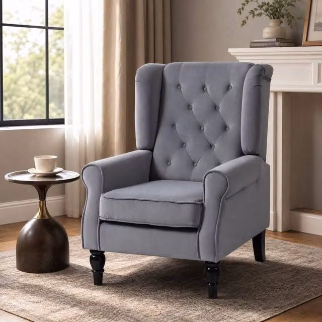 STILVORA Grey Velvet Wingback Lounge Chair with Solid Wood Frame – 1
