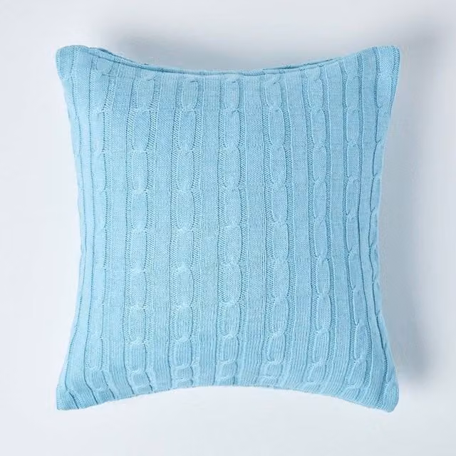 Homescapes Blue Cotton Knit Square Cushion Cover