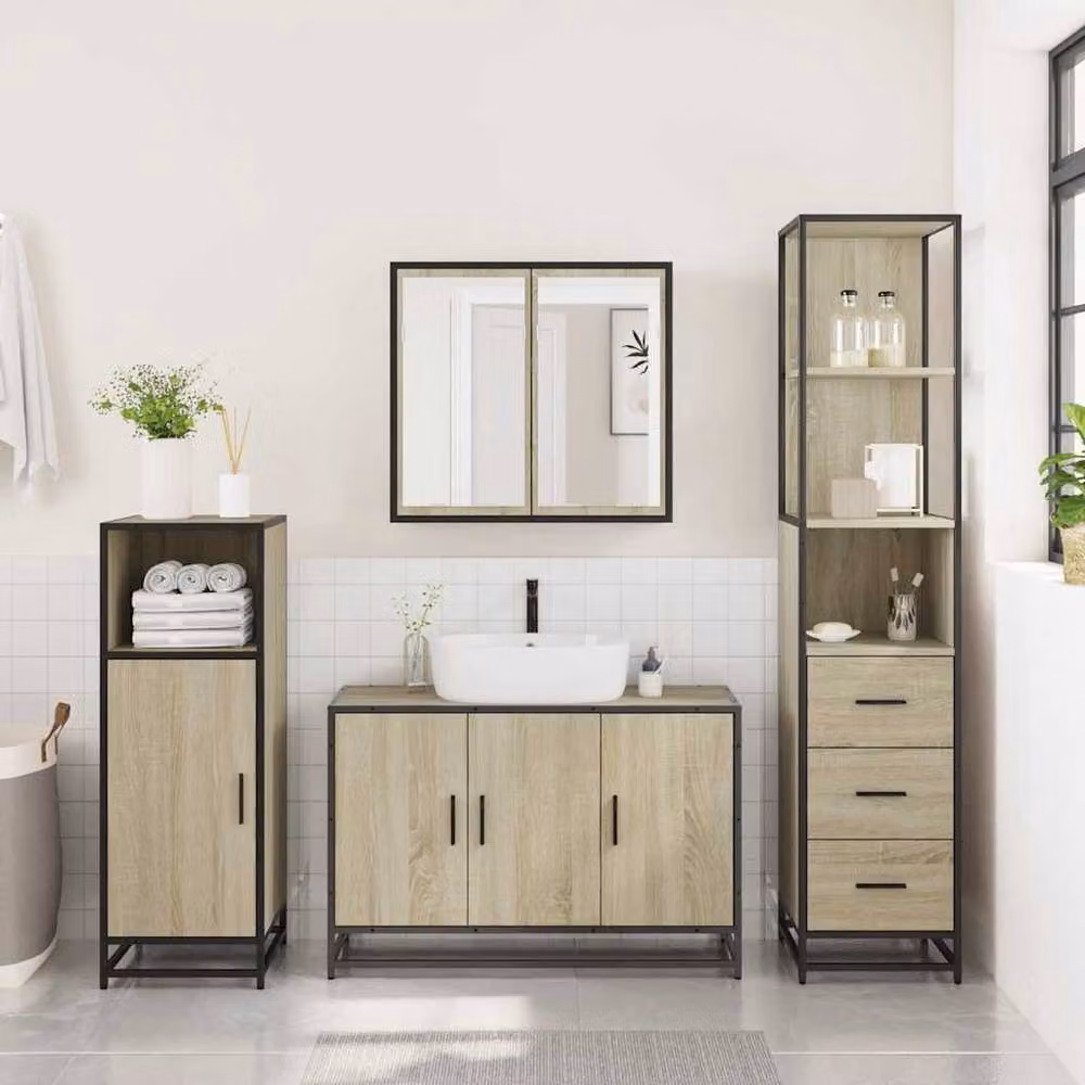 Berkfield Home 3 Piece Industrial Bathroom Furniture Set in Sonoma Oak and Light Brown – 3