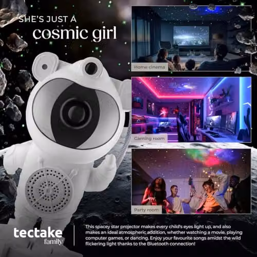 tectake Astronaut Galaxy Projector in White with 4 LED Nebulae Colours, Moon and Star Effects, Bluetooth Connection and Pre-Set Sounds, W/D/H: 23.5 x 12.0 x 11.5 cm – 7