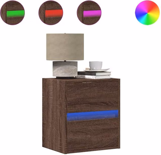 Berkfield Home Wall-mounted Bedside Cabinet with Integrated LED Lights in Brown Oak – 1