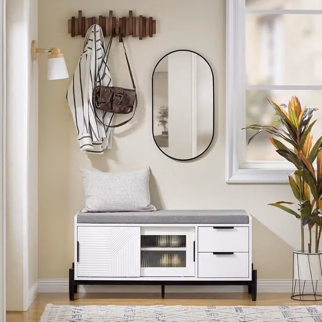 SoBuy Modern White Shoe Bench with Drawers and Glass Door