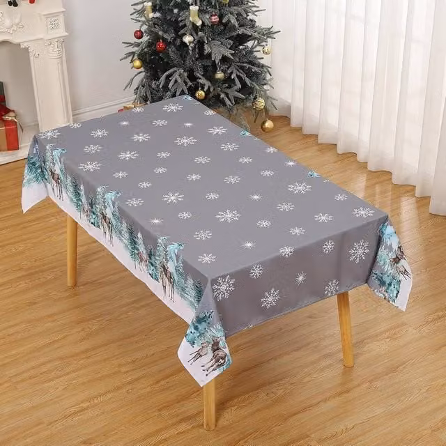 London Boutique Waterproof Christmas Tablecloth with Reindeer Print in Grey, W: 137.16 cm, L: 274.32 cm