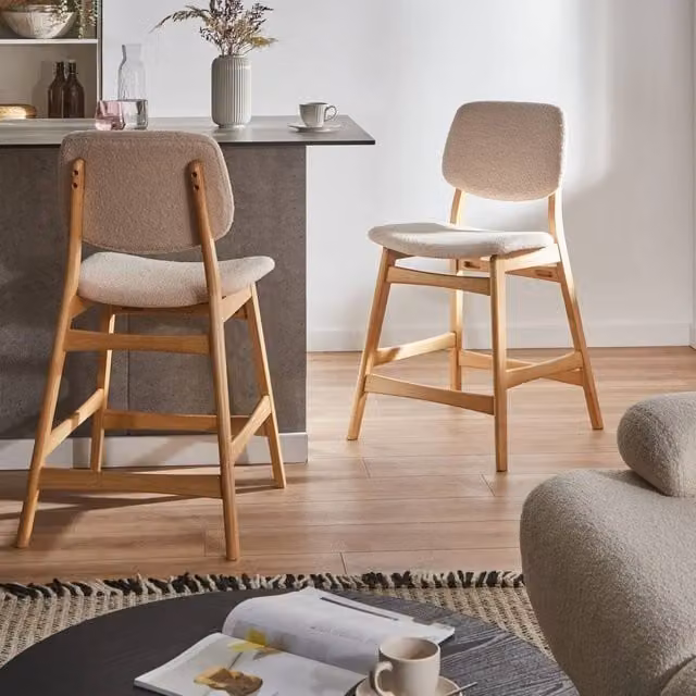 Wyld and Coco Lumira Set of 2 Bar Chairs in Beige Boucle with Light Brown Rubberwood – 1
