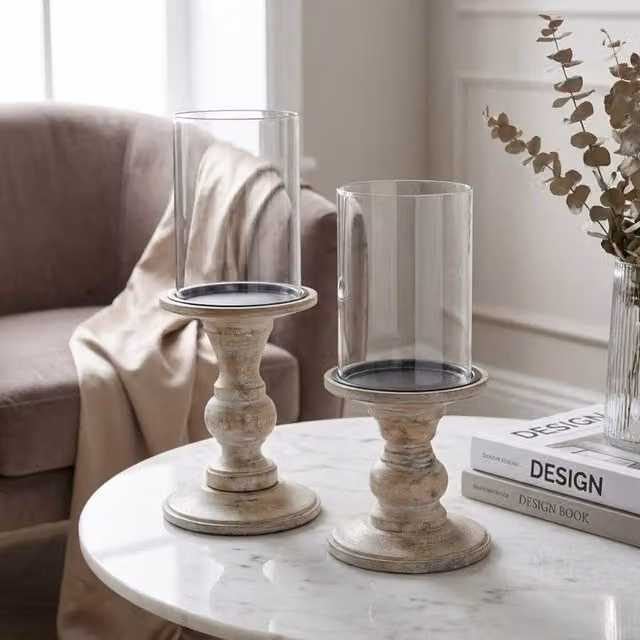 Garden Greatness Maison Pillar Candle Holder Pair, Multicolour Glass and Wood Tabletop Decor – 1