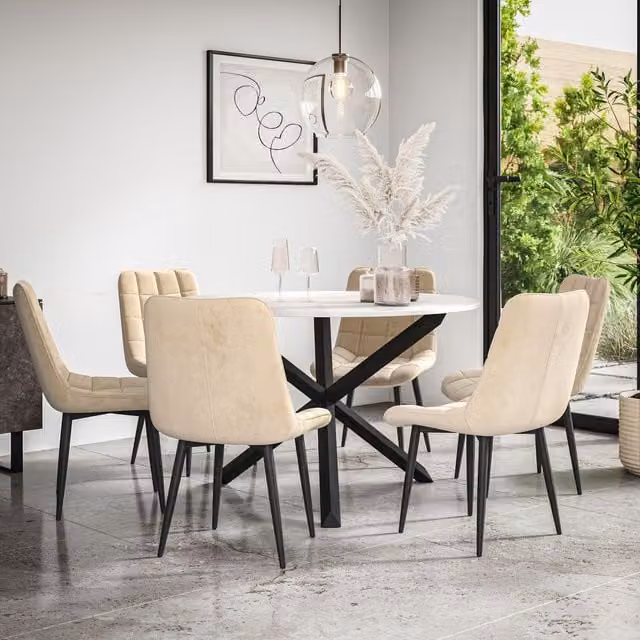 More4Homes Malvern Round Dining Table and 6 Nova Velvet Chairs Set, Marble Top with Solid Oak Black Legs, Beige – 1