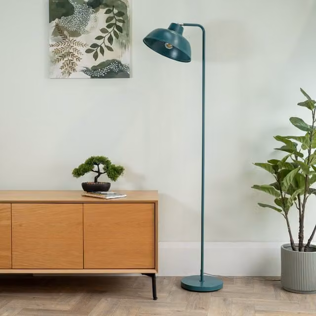 ValueLights Morris Mid-Century Metal Floor Lamp with Angled Dome Shade in Teal