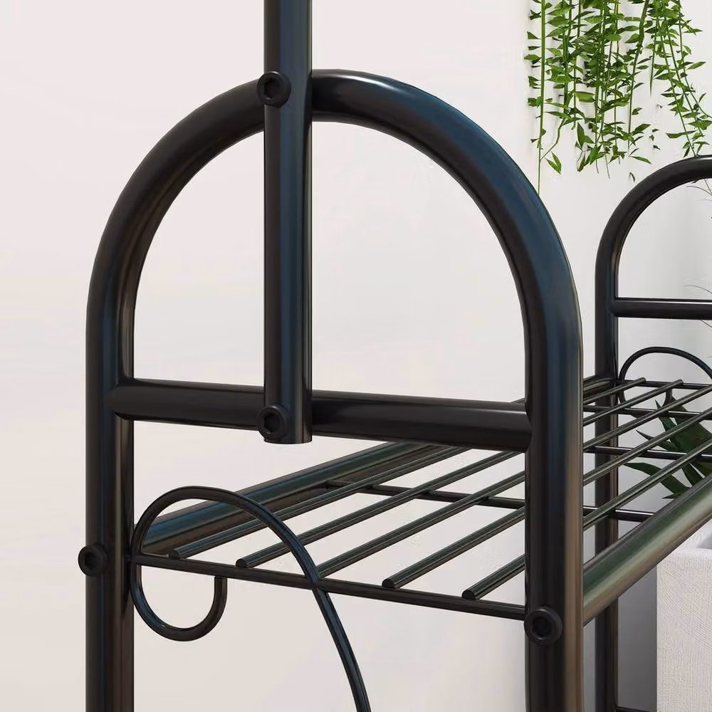 FORGEVIO 3 Tier Metal Plant Stand with Hanging Hooks in Matt Black, H 137 x W 25 x D 25 cm – 3