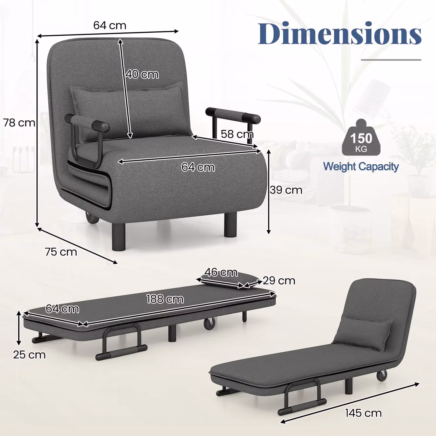 Costway 3-in-1 Convertible Sofa Bed Sleeper Chair with Lumbar Pillow in Dark Grey – 2
