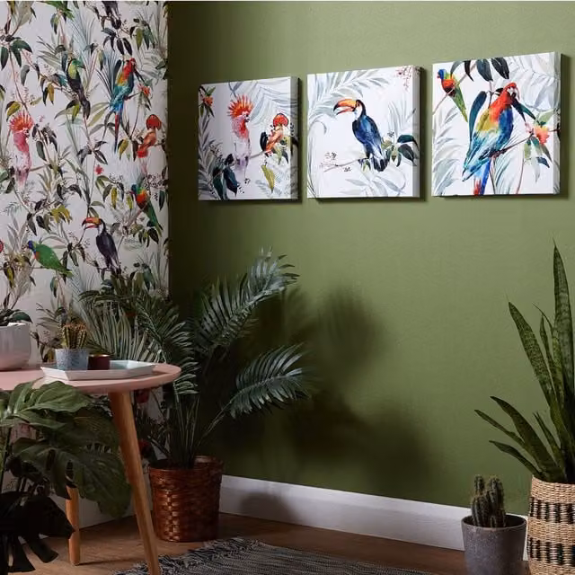 Art for the Home Set of 3 Tropical Amazon Birds Printed Canvas Wall Art in Multicolour, White and Grey