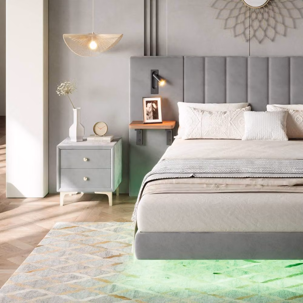 Rolipo Grey Velvet Double Bed Frame with Smart LED Lights, USB Charging Port and Storage, W/D/H: 140 x 200 x 137 cm – 6