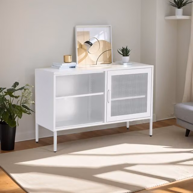 Livingandhome Modern White Freestanding Display Cabinet with Sliding Doors and Internal Shelves