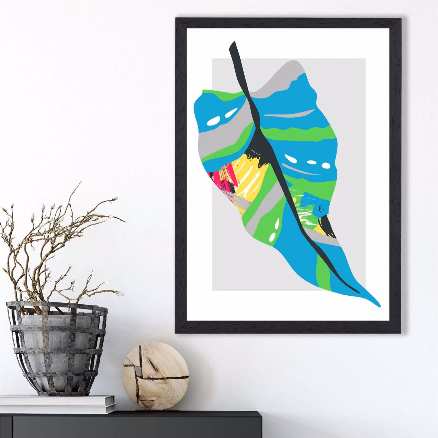 ARTZE Tropical Palm Blue and Green Abstract Minimalist Framed Print with Black Frame, A2 – 2