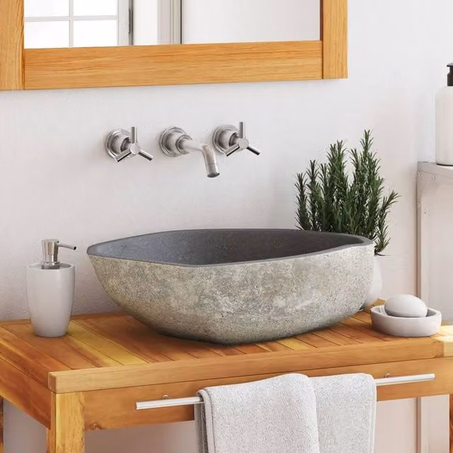 Berkfield Home River Stone Oval Basin in Black, W: 45 cm, D: 34 cm, H: 15 cm – 1