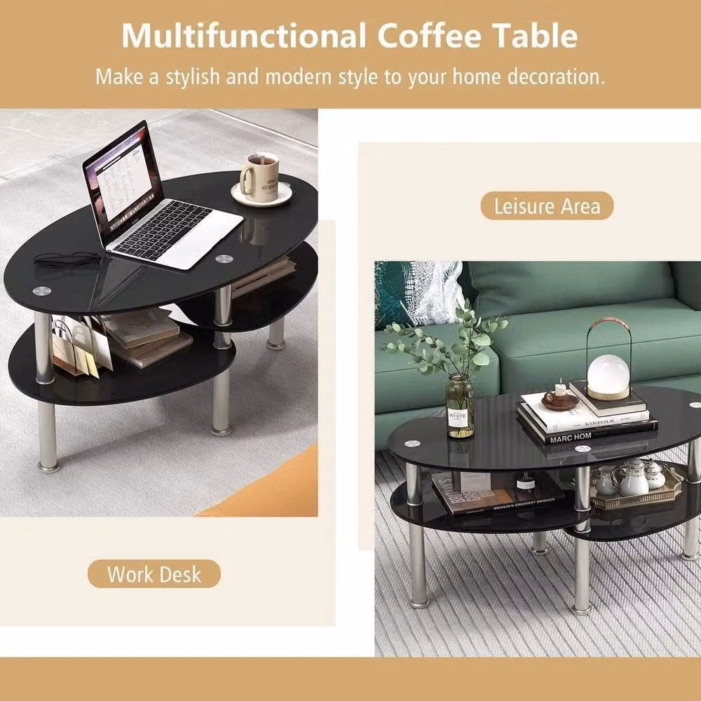Kelvenix Modern Oval 3-Tier Smooth Glass Tea Table in Black – 5