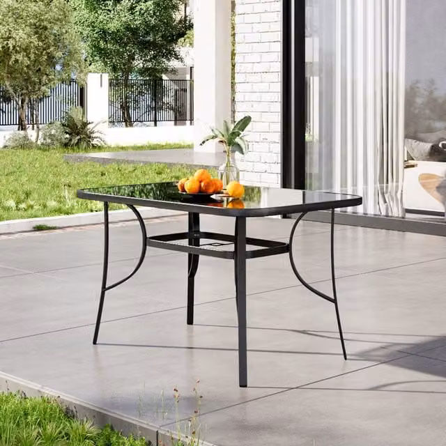 Breeins Classic Black Glossy Wrought-Iron Garden Table with Umbrella Hole, Diameter: 120 cm