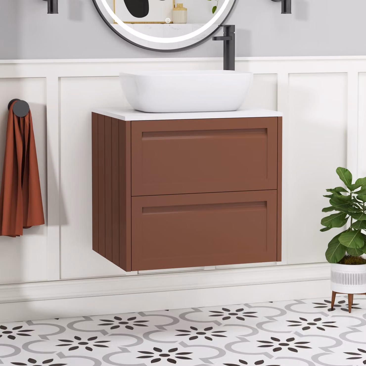 Royal Bathrooms Elmore 600mm Wall Hung Vanity Unit in Terracotta with 2 Drawers and White Elva Basin