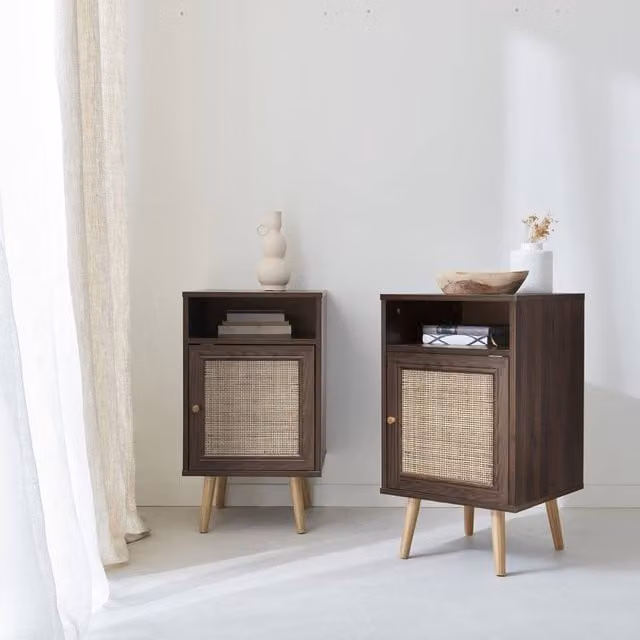 sweeek Pair of Scandi-style Bedside Tables with Rattan Cupboard in Dark Brown – 1