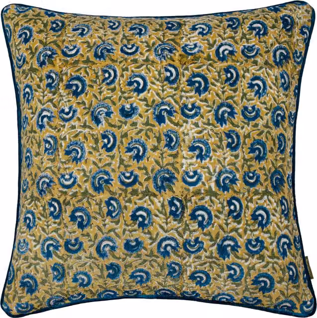 Paoletti Chedworth Floral Cotton Velvet Piped Decorative Square Cushion, Yellow and Blue, W/D/H: 50 x 50 x 50 cm – 1