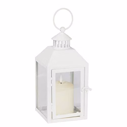 Lights4fun White Metal Tabletop Garden Lantern with TruGlow LED Candle, Height: 26 cm – 4