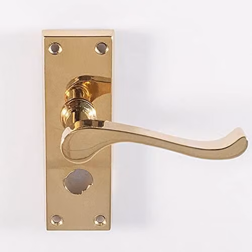 Loops Pair Victorian Scroll Bathroom Backplate Door Handles in Polished Brass, W: 12.0 cm, H: 4.1 cm
