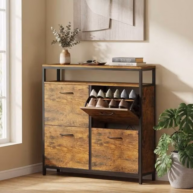 STILVORA Industrial Shoe Cabinet in Brown and Black with 4 Tilting Compartments and Open Shelf