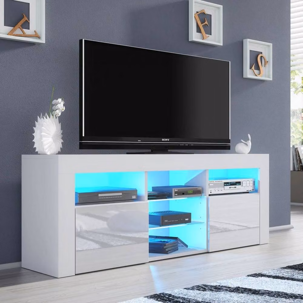 PAWNORA Modern TV Unit Cabinet in White Matt with White High Gloss Fronts – 4