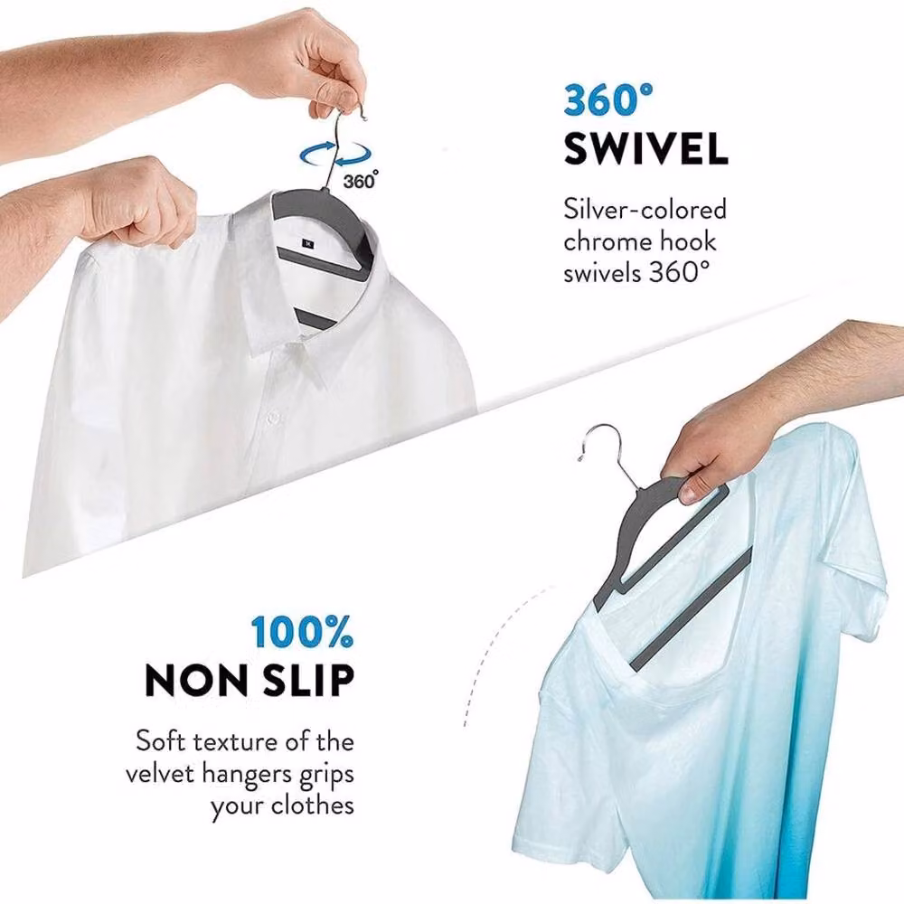 Kelvenix Grey Velvet Anti Slip Space Saving Coat Hangers, W: 45.0 cm, H: 23.0 cm, D: 0.5 cm – 2