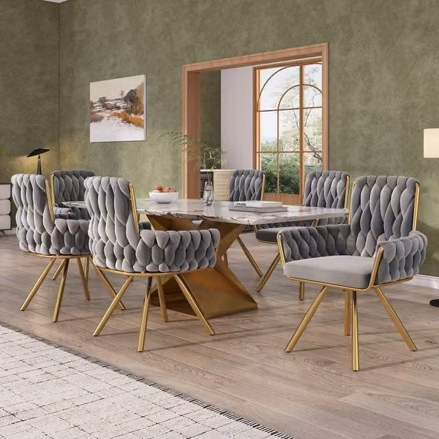 Merax Set of 6 Grey Velvet Swivel Dining Chairs with Armrests