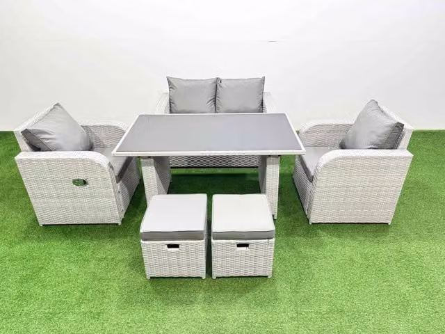 Fimous 6-Seater Outdoor Rattan Garden Furniture Dining Set with 2 Small Stools in Light Grey