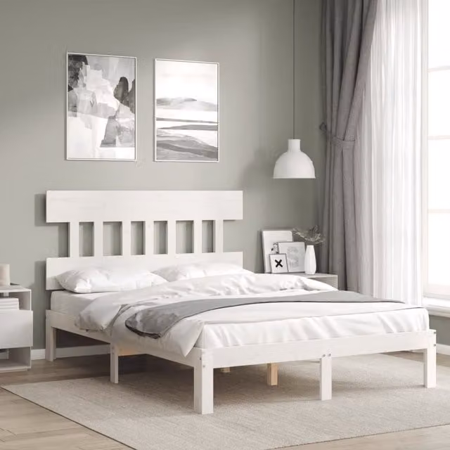 Berkfield Home White Solid Wood Pine Bed Frame with Headboard W/D/H: 140 x 190 cm