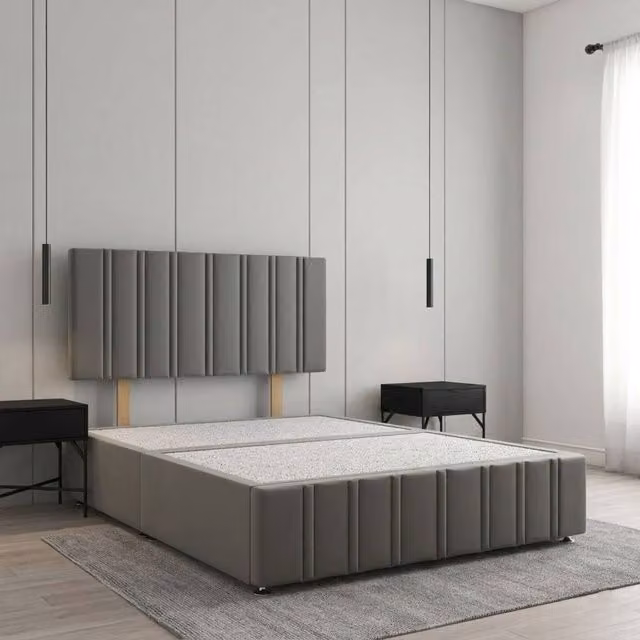 Regional Furnishings Super King Plush Velvet Divan Bed with 24 inch Headboard and Footboard in Grey, W/D/H: 200 x 200 cm