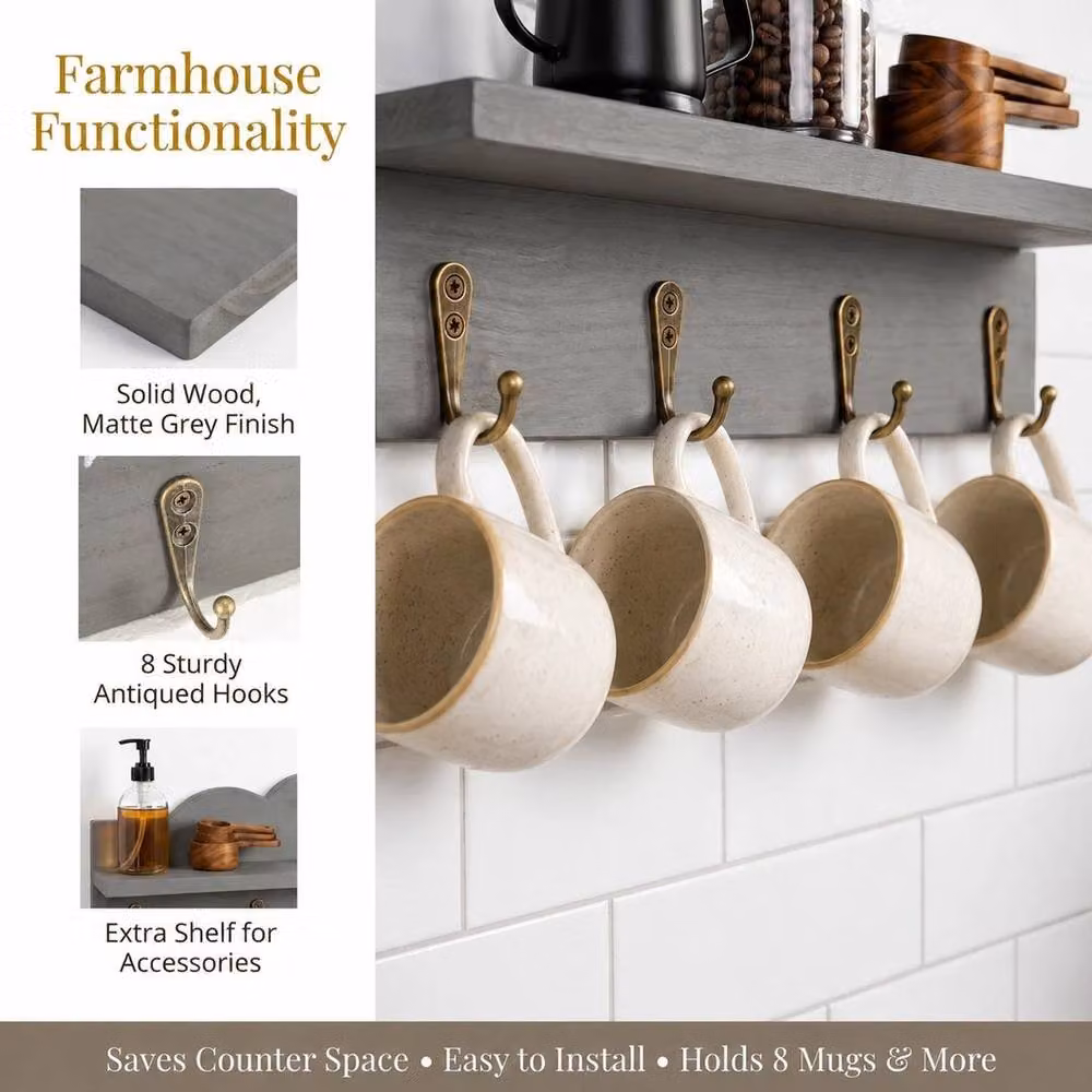 Kelvenix Grey Wall Mounted Coffee Mug Holder with 8 Hooks, 2 Pack – 3