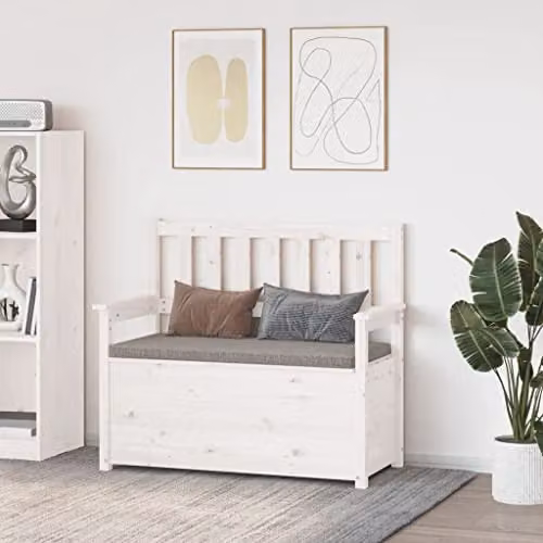 vidaXL Rustic White and Natural Solid Pine Bench with Armrests W: 112.5 cm, D: 51.5 cm, H: 96.5 cm – 2