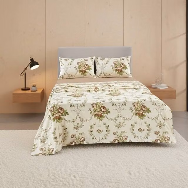 Snug City Soft Floral Brushed Cotton Flannelette Fitted Sheet and Matching Pillowcases in Beige and Multicolour, W/D/H: 140 x 200 cm