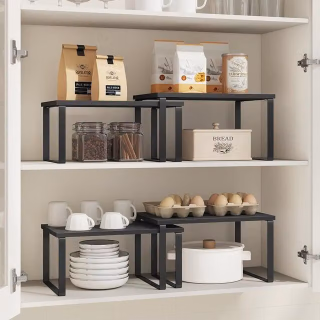 SONGMICS Expandable Stackable Cupboard Spice Rack Set of 2 Kitchen Organisers in Black – 1