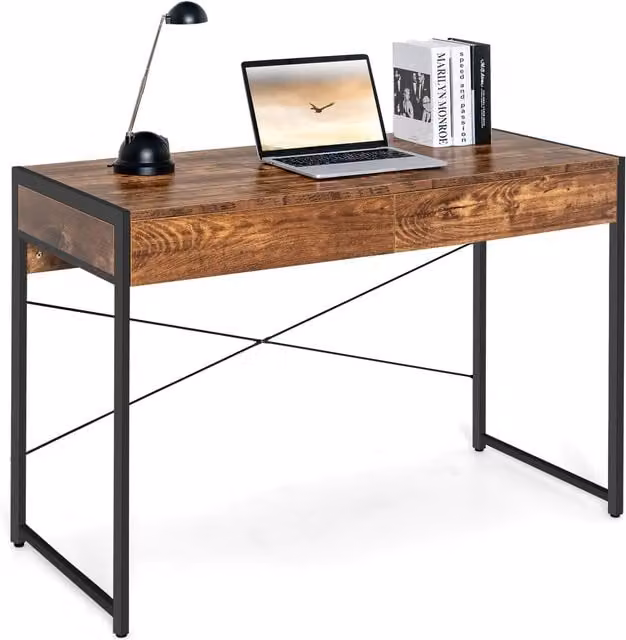 Costway Brown Wooden Computer Desk and Writing Workstation with 2 Drawers