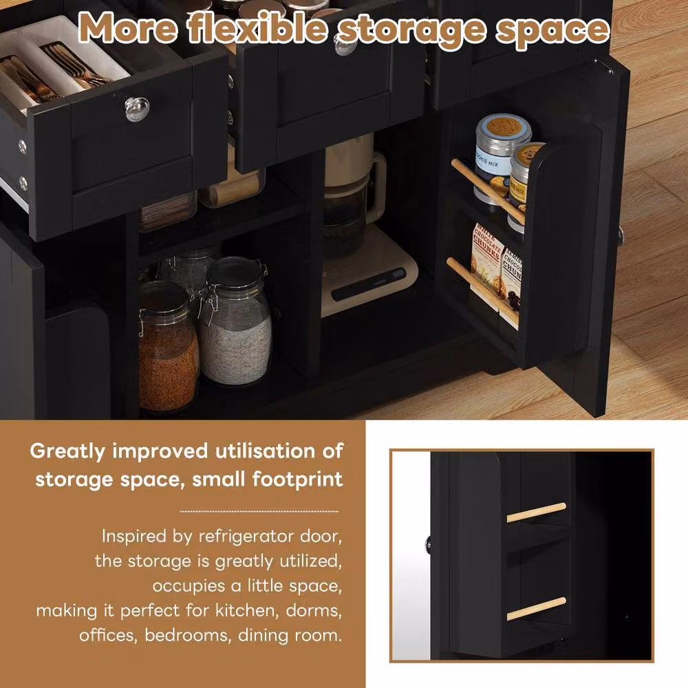 Merax Kitchen Island Trolley with Foldable Top and Socket in Black, W/D/H: 132 x 40 x 120 cm – 4