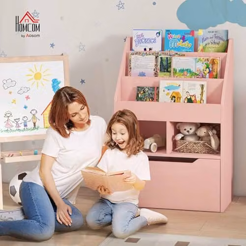 HOMCOM Kids Bookshelf and Toy Organiser with Moveable Drawer in Pink – 2