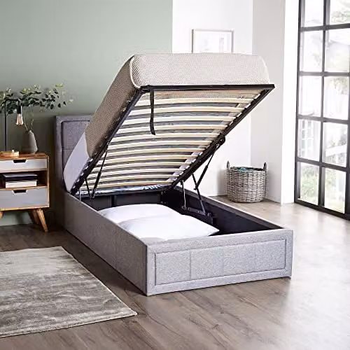 Home Treats Grey Fabric Upholstered Single Ottoman Bed Frame with Lift Up Storage W/D/H: 90 x 200 x 30 cm