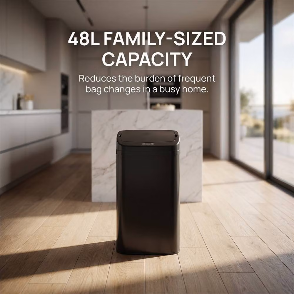 Nordara Black Automatic Sensor Bin 48L Fingerprint-Proof Galvanised Steel Rubbish Bin – 3