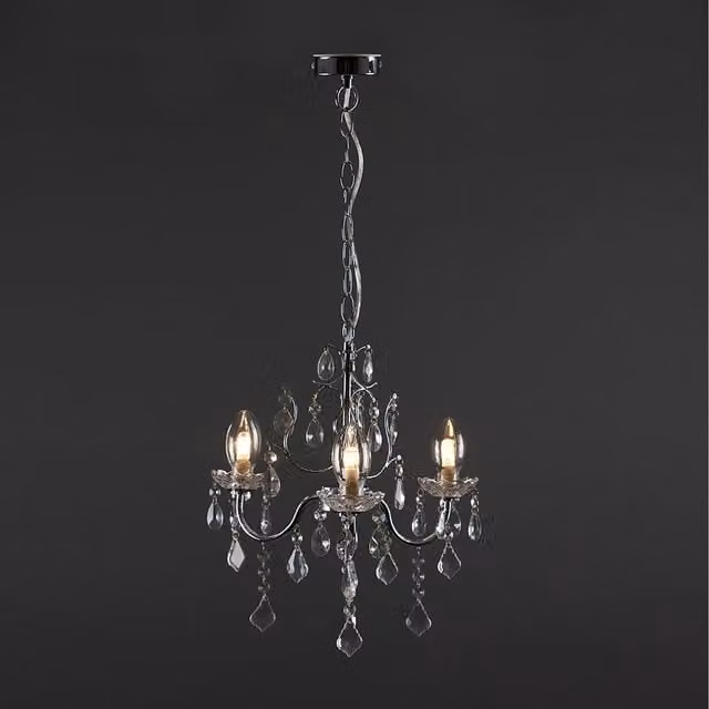 Varuna IP44 Glass Droplet Bathroom Chandelier Ceiling Light with Warm White LED Bulbs in Silver and Chrome