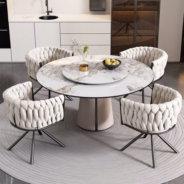 Home Touch Interior Set of 4 Modern Beige Velvet Swivel Dining Chairs with Armrests and Metal Legs