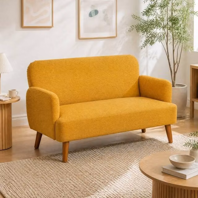 STILVORA Mid-Century 2 Seater Upholstered Fabric Sofa in Yellow with Wood Legs – 1