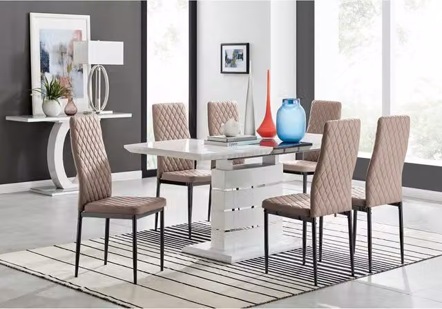 FurnitureboxUK Renato Gloss Extending Kitchen Dining Table and 6 Milan Black Leg Chairs in Cappuccino