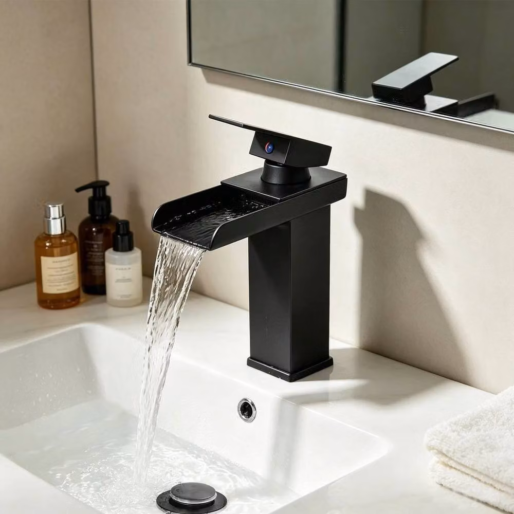 Kelvenix Matt Black Square Waterfall Cloakroom Basin Mixer Tap with Pop Up Waste – 4