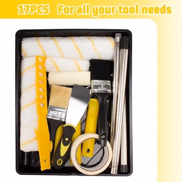 FLAVORA 17-Piece Complete Paint Roller Kit with Extension Pole, Tray and Brushes in White – 1