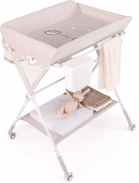 Gymax Folding Baby Changing Table and Diaper Changing Station with Wheels and Shelf in Beige